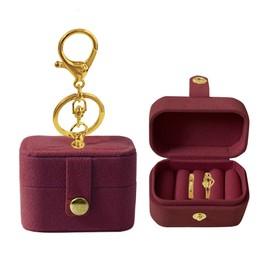 Wedding Ring Bearer Pillow Box for Dog Collar, Velvet Travel Mini Jewelry Holder Pouch Bridesmaid Gifts with Keychain Clip, Multi-Slots Pocket Size Storage Organizer Case for Women Girls (Wine)