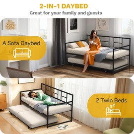 DWVO Twin Daybed with Trundle, Twin Size Day Bed Frame with Pull Out Trundle, Heavy Duty Metal Sofa Bed Frame for Living Room and Guest Room, Black