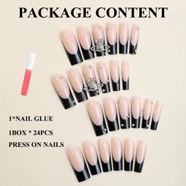 MERVF Long Square Press on Nails Black French Tip Fake Nails Squoval Glue on Nails Press ons Full Cover Charms Rhinestones Design Acrylic Nails Glossy 24pcs