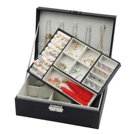 Homeanda Women's Large Jewellery Box, 2 Layers, with Key, Jewellery Box, PU (polyurethane) Leather for Rings, Earrings, Necklaces, Bracelets, Watches, Hairpins, Leather, black