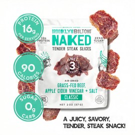 Brooklyn Biltong Naked Tender Slices, Classic (2oz, Pack of 8), Grass Fed Beef Protein Snacks, 32g Grass Fed Protein Per Pack, Beef Jerky Alternative – Sugar and Gluten Free, Paleo Snacks, Whole 30, AIP, Keto Snacks