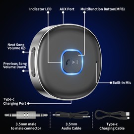 NEUTYPECHIC Aux Bluetooth Adapter Car, Bluetooth 5.3 Receiver Hands-Free Call, Wireless Car Bluetooth 5.3 Receiver for Home Stereo/Wired Headphones (Black)