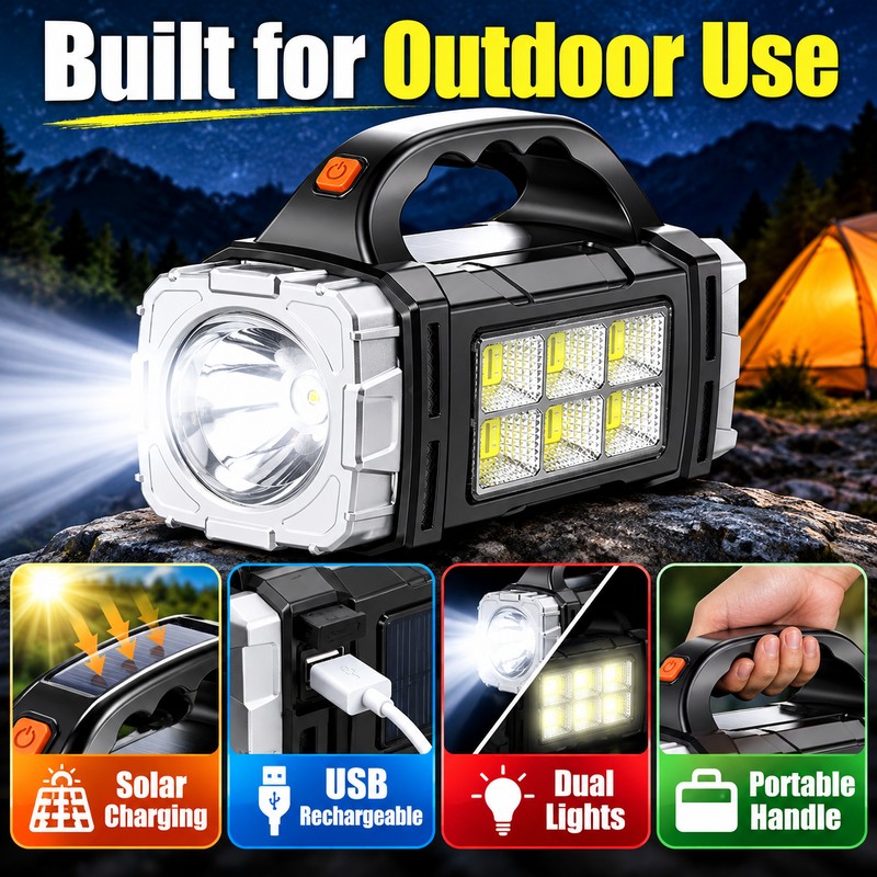 USB & Solar Rechargeable LED Flashlight with COB Side Light