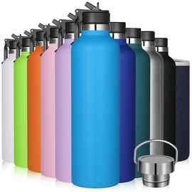 GeeRic Stainless Steel Water Bottle 1000 Liter Matte Metal Bottle+Bag+Straw Cap Double-Liner Vacuum Insulated 1L Water Bottle Hold 18H Hot/24 Cold Thermal Bottle for Camping,School,Sports Azure