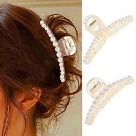 Unicra White Pearl Claw Clips Decorative Fancy Hair Clips Strong Hold Hair Claw Clip Hair Accessories for Women (Pack of 2) (Pearl A)
