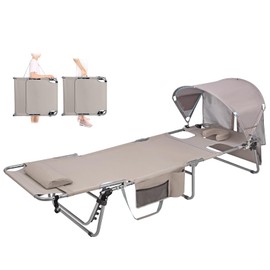 Minndudu Tanning Chair with Sun Canopy Face Hole, Heavy Duty Folding Chaise Lounge Chair 5 Position Reclining for Adults Outside Reading Sunbathing Poolside Beach, UPF 50+ Sun Shade, 300 LBS, Pink