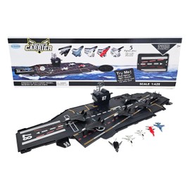 Ultimate Large 30-Inch Black Toy Aircraft Carrier with Realistic Sound Effects and Runway Lights, 5 Colored Fighter Jets and 6 Large Black Pull and Release Fighter Jets