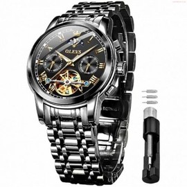 OLEVS Watch OLEVS Mens Automatic Watches Skeleton Tourbillon Mechanical Self Winding Luxury Dress Wrist Watch Moon Phase Day Date Waterproof Luminous Watch Gifts - Color: 6617: black strap & black dial