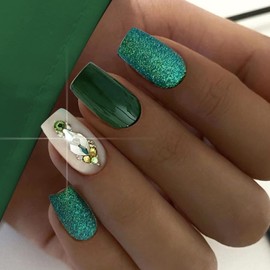 Green Press on Nails Medium Coffin Fake Nails with Glitter Hologram Shiny Gem Rhinestones Design Glue on Nails Acrylic Nails Decorate False Nails with Glue Luxury Stick on Nails For Women Girls 24Pcs