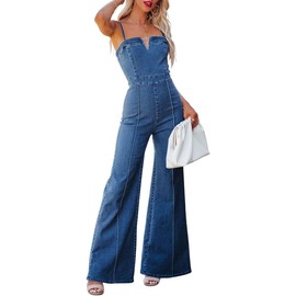 chouyatou Women's Vintage Distressed Adjustable Strap Denim Overalls Stretchy Sleeveless Jumpsuit Jeans Pants (Medium, Blue)
