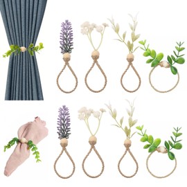 Napkin Rings Set of 8, Metal Napkin Buckles Green Leaf Eucalyptus Wood Bead Napkin Ring Holder Rustic Farmhouse Floral Napkins Rings for Fall Spring Weddings Table Decor