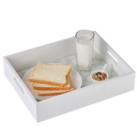 14” White Wooden Serving Tray with Cutout Handles and White Mosaic Glass Base Perfect for Luxurious Countertop Coffee Dressing Table Living Room Bathroom Bedroom(Mosaic Glass)