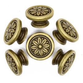 LXZ 6 PCs Vintage Antique Brass Knobs Handles - Large-Size Knob Pulls with Embossed Flower Pattern, Diameter 1.7-in (42 mm)