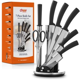 Cheer Collection Chef Knife Set (7 Piece) with Rotating Stand - Sharp Serrated and Standard Blades - Professional Kitchen Knives with Swivel Display Stand