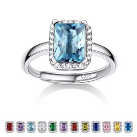Bestyle 925 Sterling Silver Love Square Cubic Zirconia Rings March Aquamarine Crystal Gemstone Rings for Women, Hypoallergenic Adjustable Rings for Every Finger