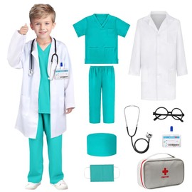 Mineup Doctor Costume for Kids, 9PCS Kids Unisex Hospital Doctor Fancy Dress Costume, Child Role Play Costumes Unisex, Toddler Medical Play Set, Doctor Dress Up Role Play for Kids 8-10 (Green)