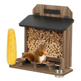 JAZUIHA Wooden Squirrel Feeder, Squirrel House Weatherproof for Outdoor Use, Chipmunk Feeding Station with Picnic Table, Water Bowl and Corn Holder