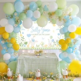 Avezano Goose Baby Shower Banner A New Silly Goose Is Almost On The Loose Backdrop Plaid Floral Silly Goose Baby Shower Decorations Little Duck Theme Gender Reveal Banner Party Supplies (Green, 6x3.6ft)