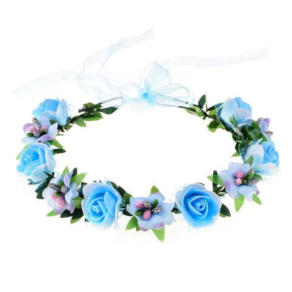 June Bloomy Rose Floral Crown Wreath Girls Flower Headband BOHO Garland Halo Headpiece (Blue)
