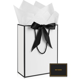Gfractolux Large Gift Bags, 1 Pack Gift Bags with Tissue Paper and Cards, Gift Bags with Handles for Birthdays, Baby Shower, Weddings, Party Favor, Holiday Presents 9.8"X 12.6" X 4.3" White-Black