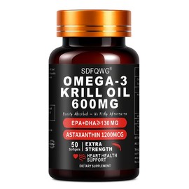 SDFQWG Sports Research High Concentration Antarctic Krill Oil Supplement 600mg Astaxanthin 1200MCG with EPA & DHA Omega-3 50 Softgel Capsules for Cardiovascular Health Support Healthcare