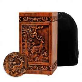 Wooden Urn for Ashes Adult Male Female,Decorative Burial Funeral Memorial Urn, Burial Casket Keepsake with Velvet Bag (Brown, 10, Deer)