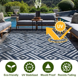 OPPODREAM Outdoor Rug 8x10 Patio Waterproof, Large Outdoor Plastic Straw Rug, Reversible Out Door Carpet for Camping, Deck, Rv, 8 x 10 Area Carpet for Balcony, Porch, Backyard, White and Navy Blue