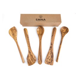 EMNA Olive Wood Cooking Utensils, Kitchen Utensil Set Wood, 5-Piece Kitchen Utensils, Gift Set, Wood, Cooking Spoon, Olive Wood, Unique Kitchen Accessories, Antibacterial, Gift Box, Gift for Christmas