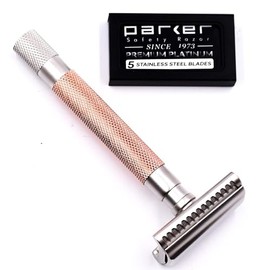 Parker's - Maquinilla de afeitar semiinclinada de seguridad y 5 cuchillas Parker de doble filo, color oro rosa