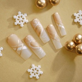 LPOODDNU Christmas Press on Nails Snowflake Fake Nails Gold Glitter Christmas Glue on Nails Long Square Christmas False Nails Full Cover Gold White Stripes Design Christmas Nails Press ons for Women