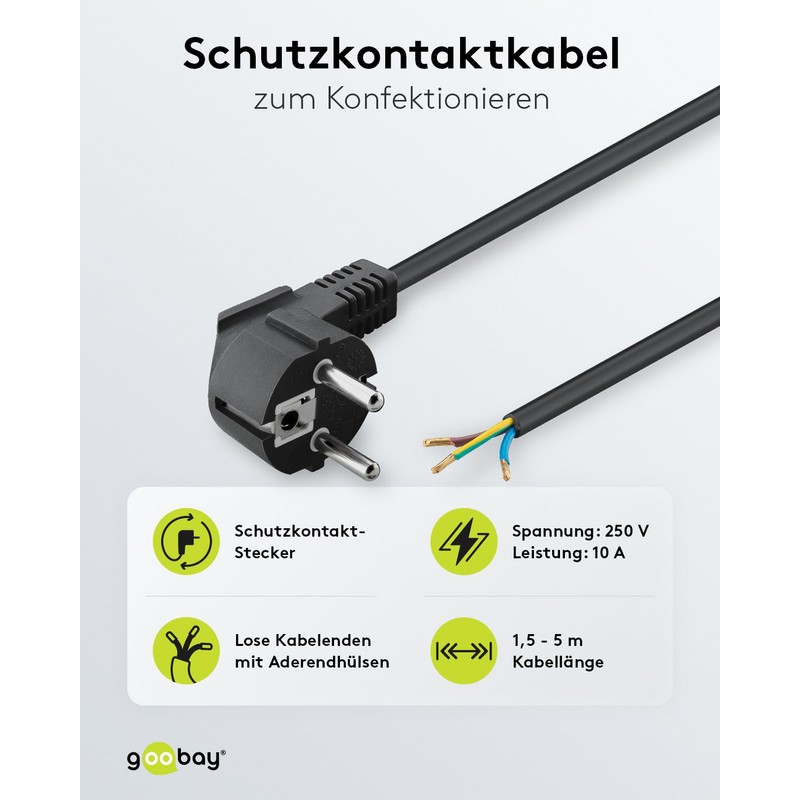 Goobay 50083 Angled Power Cable / Open Cable Ends &