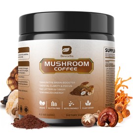 B BEWORTHS Mushroom Coffee Powder with MCT Oil - 10 Mushroom Lion's Mane, Turkey Tail, Reishi, Cordyceps & Chaga - Instant Arabica Mushroom Coffee for Focus, Immune, Gut & Brain Health | Vegan, Keto