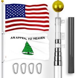 G128 Combo Pack: 20 Ft Telescoping Aluminum Flagpole (Silver) & American and An Appeal To Heaven Flags 3x5 Ft, Both ToughWeave Series Embroidered Polyester | Pole with Flags Included