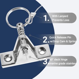 Bimini Deck Hinge with Pin and Ring 90°Deck Hinge Stainless Bimini Top Hardware Installation Screws (2 Pack-with Lanyard)