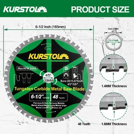 KURSTOL Metal Circular Saw Blade - 6-1/2" TCT Cutting Blade 48T Tungsten Carbide Tipped Blade Arbor 20mm with 15.87mm Washer for Steel, Iron, Nickel, Titanium, Ferrous Metals, Steel Pipe