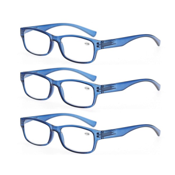 MODFANS a Set of Reading Glasses(3 Blue) with Spring Hinges Arms Vintage Retro Comfort for Men and Women