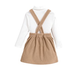 MakeMeChic Girl's Fall Outfits High Neck Long Sleeve Tops and Corduroy Overall Dress Cute Clothing Sets Beige and White 5Y