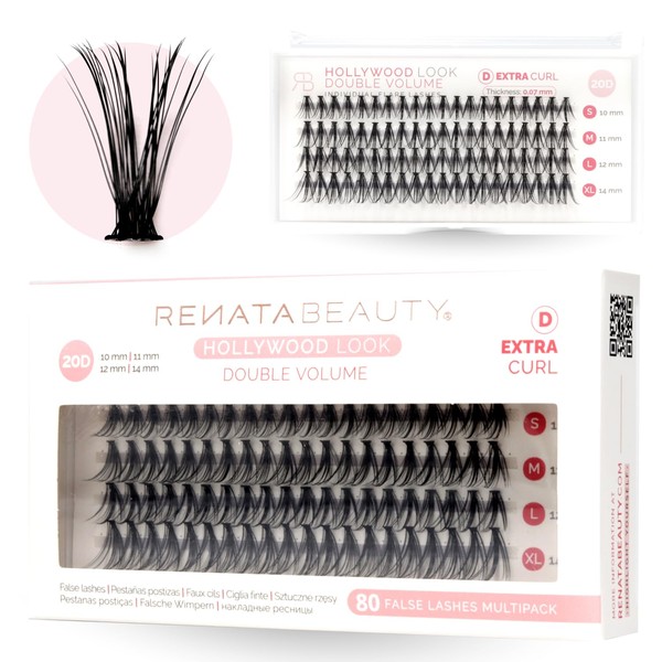 Renata Beauty 20D Double Volume Russian False Lashes Extension [D Curl] - 80 Individual Lashes 10-14mm - DIY Individual Lashes - Invisible Strip