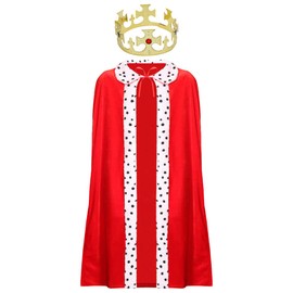ADULTS KING COSTUME - RED VELOUR KING'S ROYAL ROBE + GOLD CROWN WITH JEWELS - PRINCE'S ROBE CAPE & CROWN FANCY DRESS COSTUME SET FOR MEN (SIZE: X-LARGE)