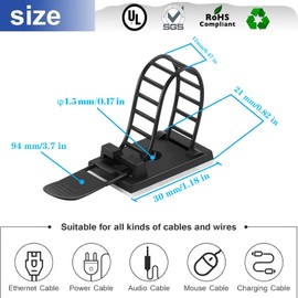 SZFUDIGO Adjustable adhesive cable management clips 50Pcs, large self adhesive cable ties clips ，Suitable for cable management under desks and on walls(Black)