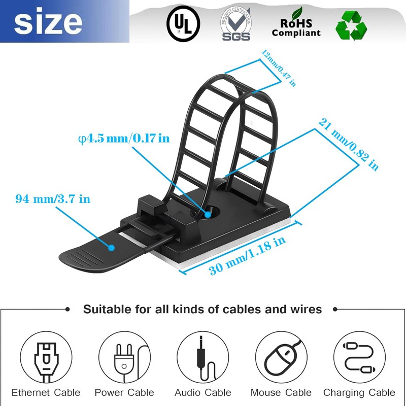 SZFUDIGO Adjustable adhesive cable management clips 50Pcs, large self adhesive