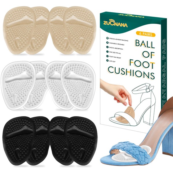 ZUCNANA Metatarsal Pads Ball of Foot Cushions (6 Pairs), Non-Slip High Heel Cushion Inserts Women, One Size Fits All Shoe Inserts for Women and Men, Reusable Foot Pads All Day Pain Relief and Comfort