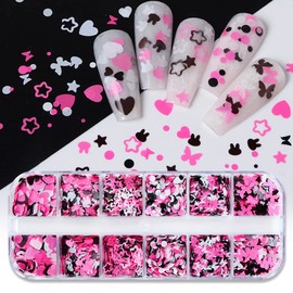 12 Grids Heart Nail Art Glitters Heart Sequins 3D Black Pink Heart Butterfly Design Nail Decals DIY Nail Accessories Valentine's Day Nail Art Supplies Heart Nail Stickers for Acrylic Nails Decorations