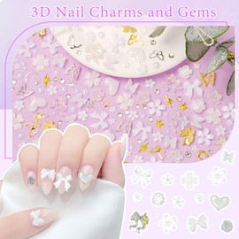 3D White Nail Charms Gems, Nail Bows Heart Flower Charm, Gold Silver Butterfly Nail Charms, Silver Gold Butterfly Cross Nail Art Studs Rivets, Half Pearls Gems for Nail Art DIY with Pickup Tools