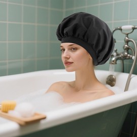 Flomiara 2PCS Shower Caps, Waterproof Reusable Shower Cap for Women Girl, Elastic Band Adjustable Hair Caps for Bath Skin Care Cleaning Makeup, Soft Easy to Use Hair Cap for Most Hair Types Black