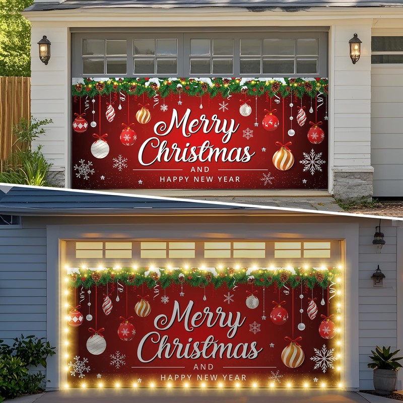 Vrainito 7x16ft Christmas Garage Door Cover with LED String Lights,