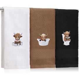 SmoothNovelty 3 Pcs Highland Cow Hand Towels for Bathroom Embroidered Bathroom Towels Farmhouse Decorative 13.78 x 29.53 Inch Absorbent Soft Cotton for Kitchen Dish Fast Drying Decor