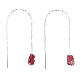 YANARA Natural Raw Garnet Dainty Threader Pair Earrings, Gemstone January Birthstone Crystal, Mother's Day Gifts For Mom Women, Chakra Energy Healing Crystals Jewelry in Silver Plated