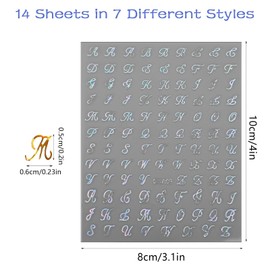 14 Sheets Letter Nail Stickers for Nail Art, 3D Self-Adhesive Black White Gold Silver Old English Letter Nail Decals, Nail Art Stickers DIY Decoration Nail Accessories for Women Girls