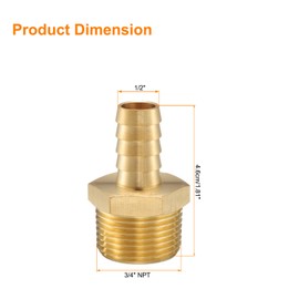 sourcing map 4pcs Brass Barbed Fitting 3/4" NPT Male to 1/2" Hose ID for Home Brew Pipe Fitting Direct Thread Tower Connector Durable Construction